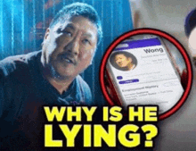 a man is standing next to a phone with the words " why is he lying " on the bottom