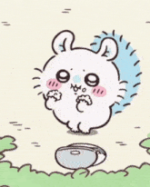 a cartoon drawing of a white rabbit standing next to a bowl of food