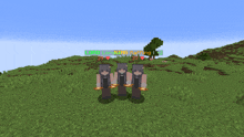 three minecraft characters are standing in a grassy field and one of them has the number 37 on their chest