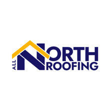 a logo for north roofing with a yellow arrow