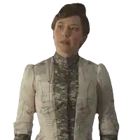 a woman in an old fashioned dress with a floral print