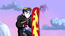 a cartoon character is holding a snowboard with a fire design on it