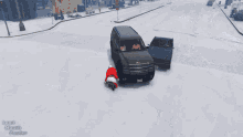 a screenshot of a video game shows santa claus being rescued by a helicopter