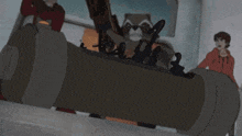 a cartoon of a raccoon holding a cannon while a man looks on