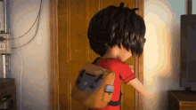 a cartoon character is standing in front of a door with a backpack on his back
