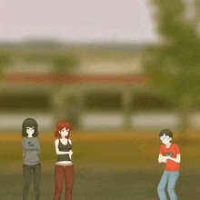 a man in a red shirt with a circle on it stands next to two girls