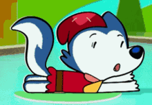 a cartoon dog with a red hat is laying down