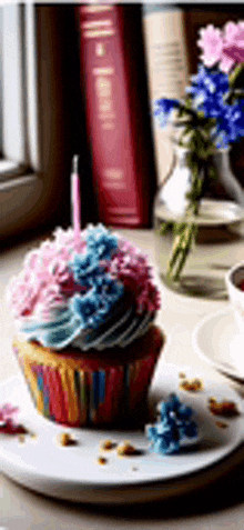 a cupcake with pink and blue frosting is on a white plate