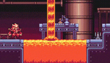 a pixel art illustration of a video game scene with lava coming out of a barrel .