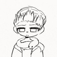 a black and white drawing of a boy wearing a scarf around his neck .