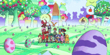 a group of cartoon characters are standing in a field with eggs