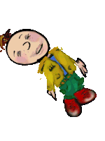 a cartoon character with a yellow jacket and green pants has a smiley face on his head