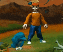 a man standing next to a blue dolphin and a frog