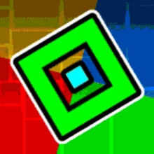 a green square with a black border and a blue square in the middle on a colorful background .