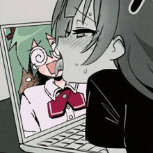 a cartoon of a girl kissing another girl on a laptop screen