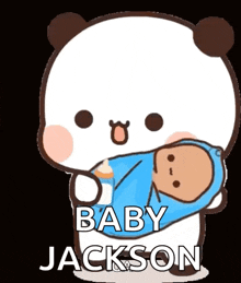a panda bear is holding a baby in its arms and saying baby jackson .