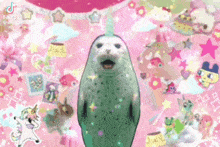a seal with a unicorn horn on its head is standing in front of a pink background with stickers .