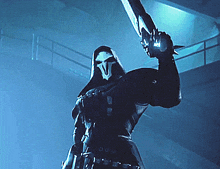 a grim reaper holding a gun in a dark room with stairs in the background