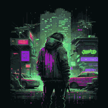 a pixel art painting of a man standing in front of a city