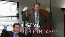 a man in a suit and tie says justyn happy birthday to another man
