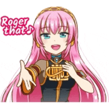 a sticker of a girl with pink hair and the words `` roger that '' .