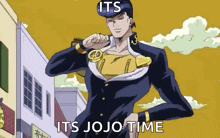 a cartoon of jotaro kujo from jojo 's bizarre adventure is standing in front of a building .