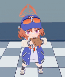 a girl wearing a baseball glove that says you