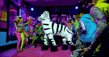 a group of people are dancing in a room with a zebra costume on