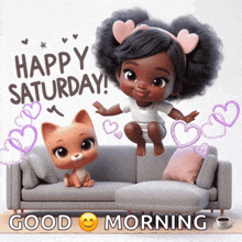 a happy saturday greeting with a doll and a cat on a couch