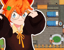 a girl with glasses and a flower in her hair points at her head