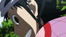 a cartoon character wearing a helmet and a pink shirt