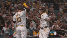 a baseball player with the number 30 on his jersey is being congratulated by another player