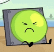a cartoon character is sitting on the ground with a sad face on his face .