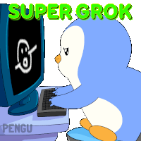 a penguin is typing on a keyboard in front of a computer monitor with the words super grok above it