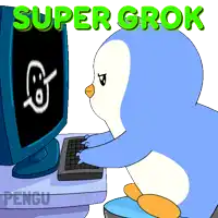 a penguin is typing on a keyboard in front of a computer monitor with the words super grok above it