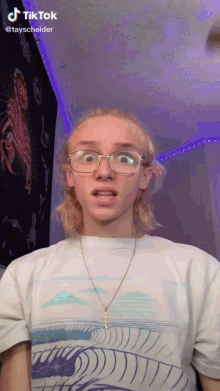 a young man wearing glasses and a t-shirt has a tiktok account