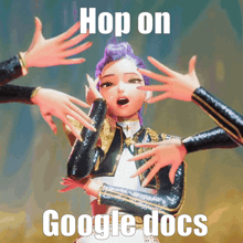 a picture of a girl with purple hair and the words hop on google docs on the bottom