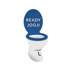 a toilet with a blue seat that says ready jooji on it