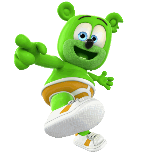 a green gummy bear with blue eyes is pointing