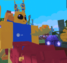 a cartoon character with a blue shirt and a gift button
