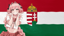 a girl with pink hair stands in front of a flag with a coat of arms