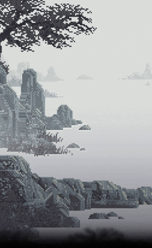 a pixel art of a landscape with a tree and mountains
