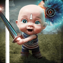 a baby is holding a sword with the letter t on his face