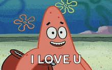 patrick star from spongebob squarepants is holding a can and says i love u
