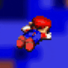 a pixel art of mario wearing a red hat and blue shirt