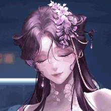 a close up of a woman 's face with purple hair and purple flowers in her hair .