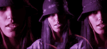 three images of a woman wearing a bucket hat and a purple shirt