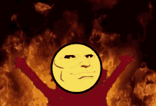 a cartoon drawing of elmo with a yellow face in front of a fire background