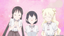 three anime girls are standing next to each other on a pink background with flowers