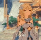 a cartoon girl with blonde hair is standing in front of a waterfall and says cici irl .